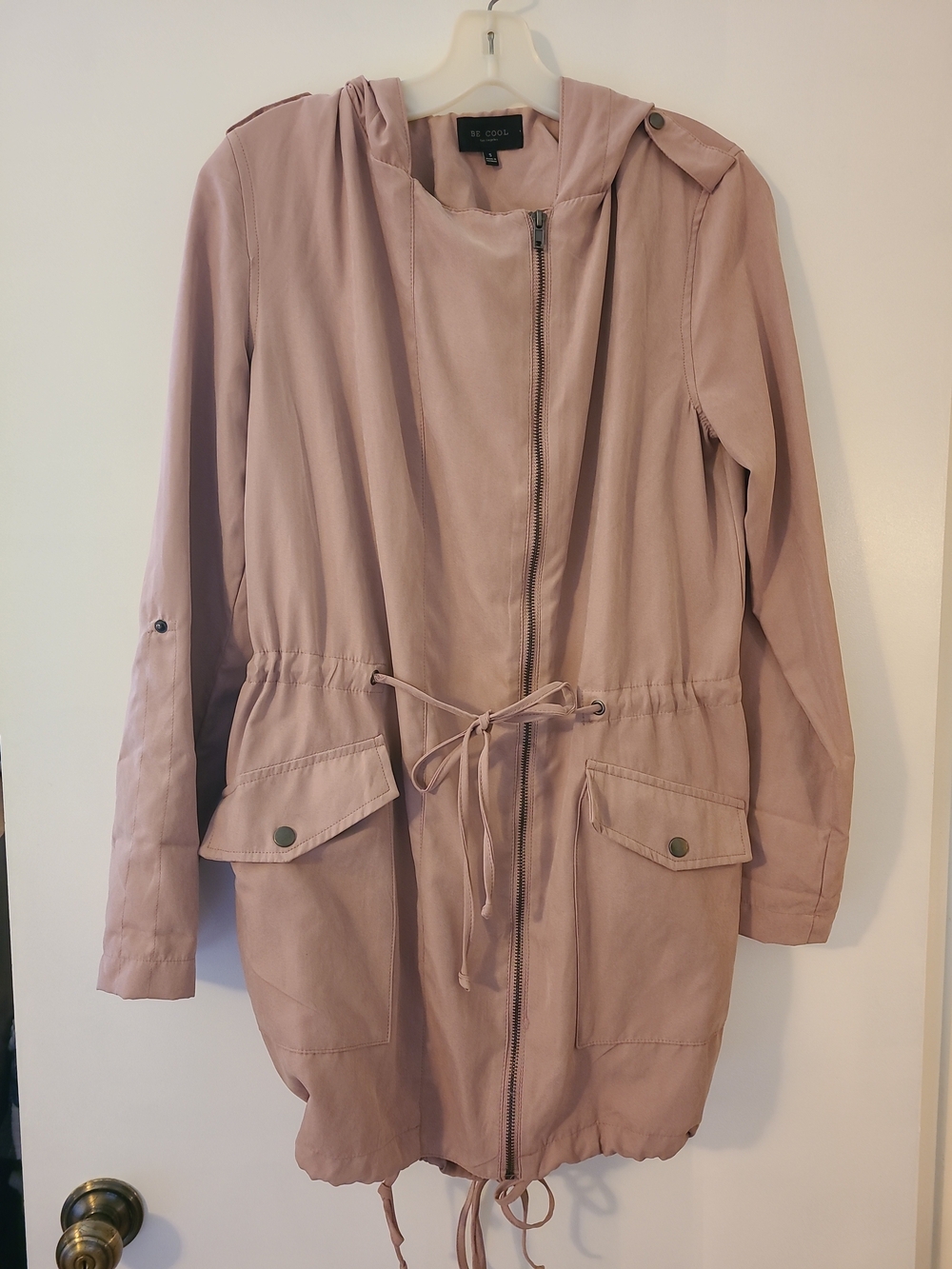 Be Cool Pink Blush Hooded Soft Utility Anorak Jacket Drawstring Waist Pockets
